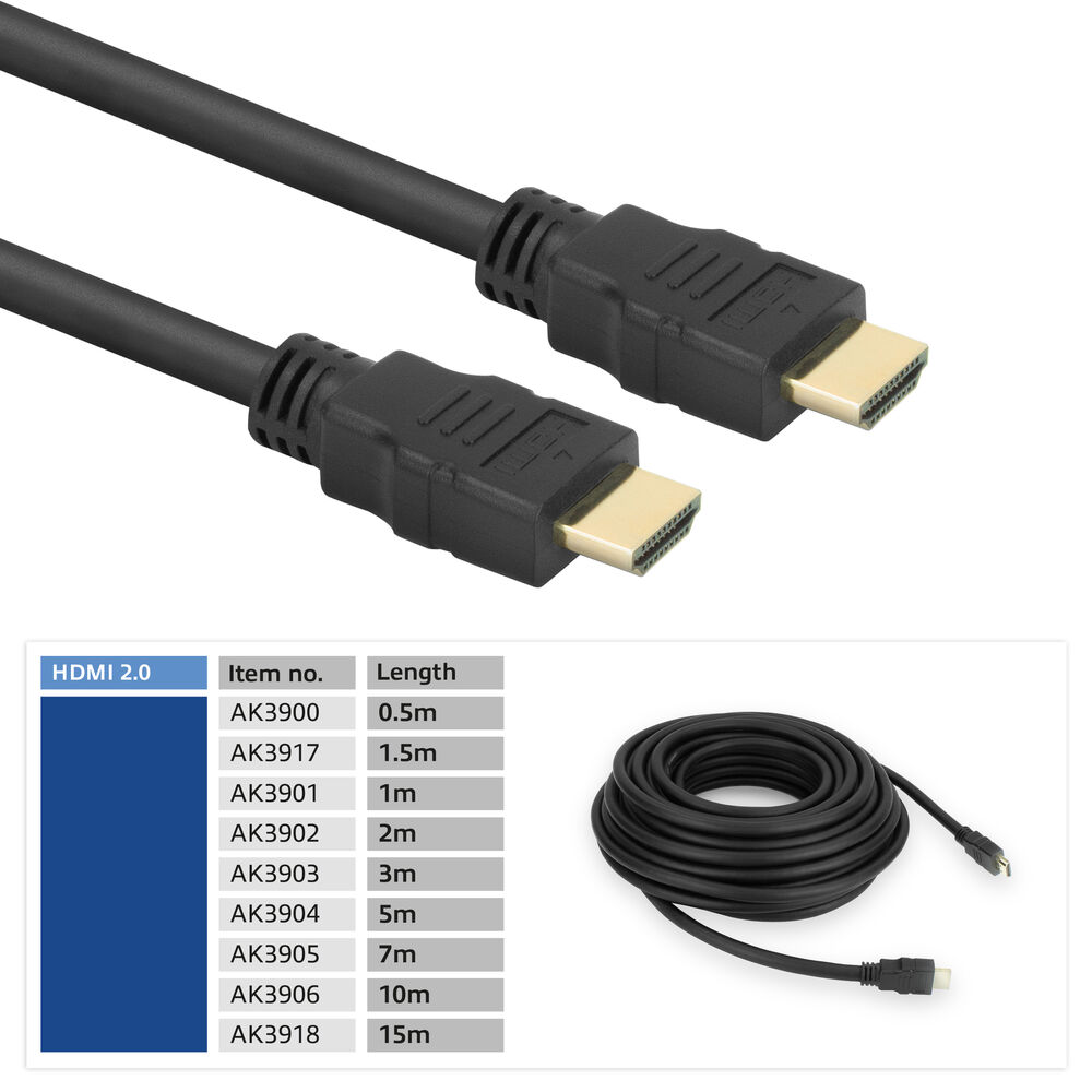 Twee zwarte HDMI-kabels met gouden connectoren. Een tabel vermeldt kabellengtes van 0,5 m tot 15 m. Rechts een opgerolde kabel.