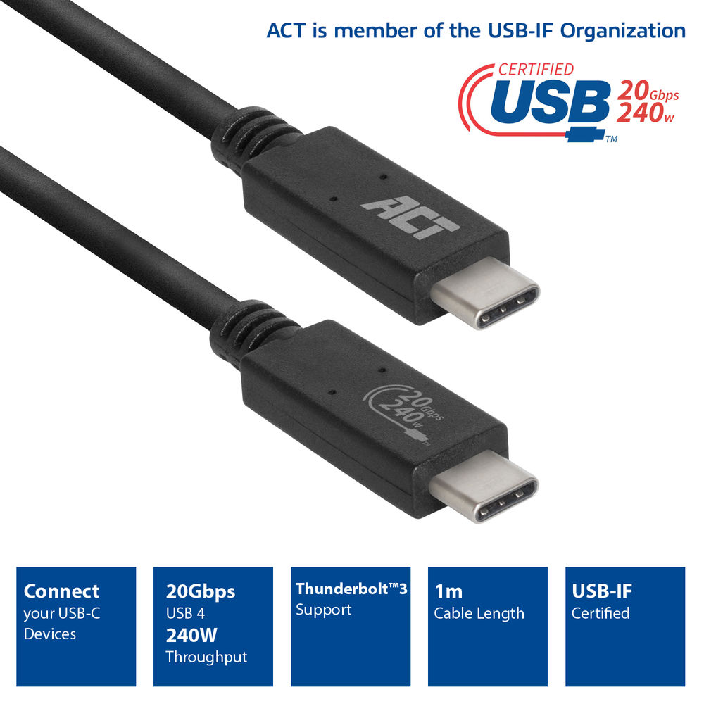 Zwei schwarze USB-C-Kabel der Marke 'ACT' mit Spezifikationen für 20 Gbit/s, 240 W und Thunderbolt 3-Unterstützung, USB-IF-zertifiziert.