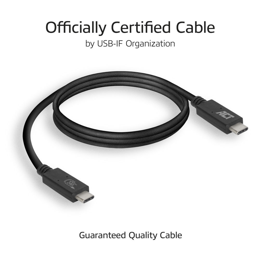 Ein schwarzes USB-C-Kabel, auf weißem Hintergrund. Oben steht: Officially Certified Cable. Unten: Guaranteed Quality Cable.