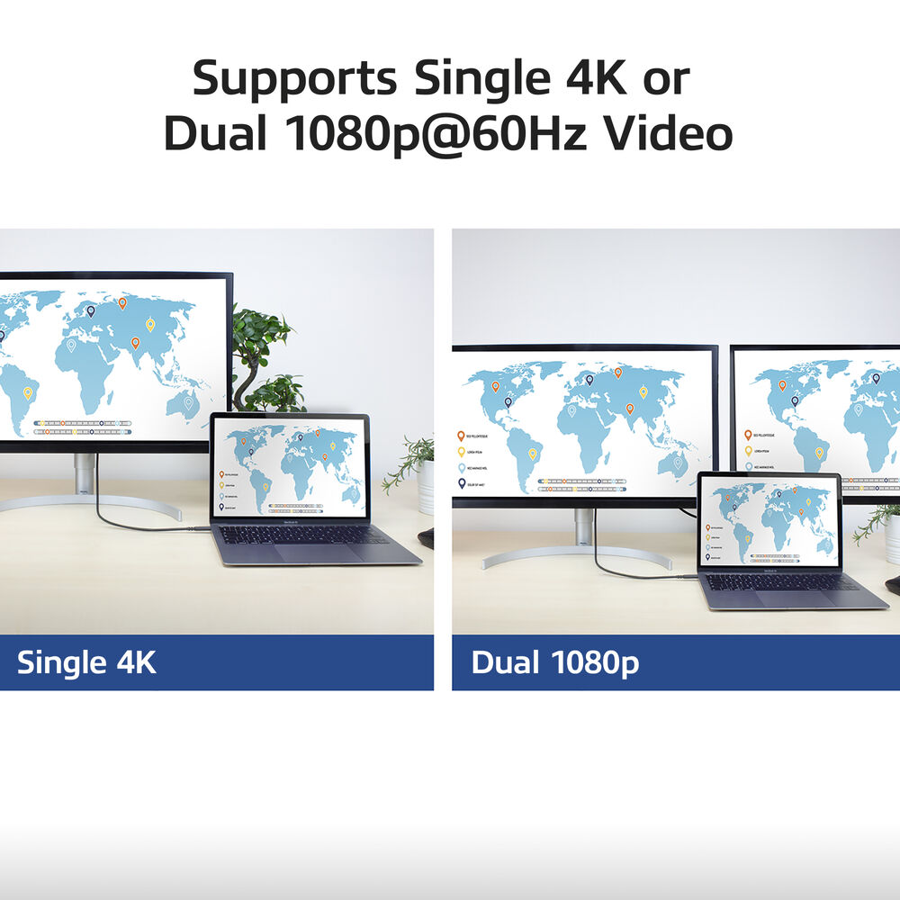 Das Bild zeigt Einzel-4K- und Dual-1080p-Setups. Jedes Setup umfasst einen Laptop, einen Monitor mit Weltkarte und einen blauen Balken.