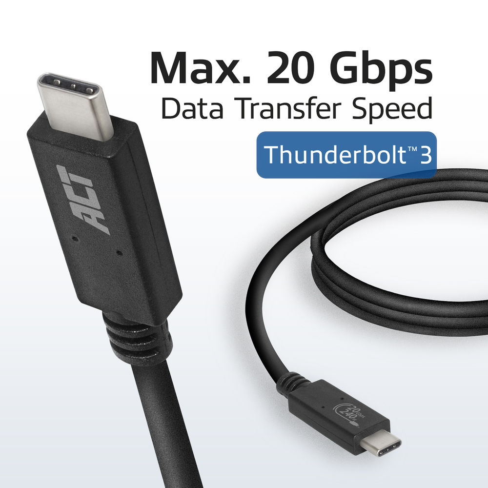 Schwarzes Thunderbolt 3-Kabel mit zwei USB-C-Anschlüssen. Text: 'Max. 20 Gbit/s Datenübertragungsgeschwindigkeit' und 'Thunderbolt 3'.