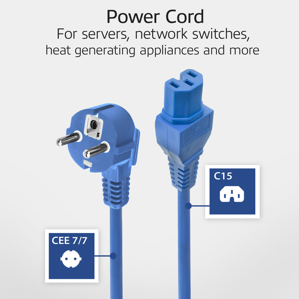 Blaues Netzkabel mit CEE 7/7- und C15-Anschlüssen. Text lautet 'Power Cord' und 'For servers, network switches, heat generating appliances'.