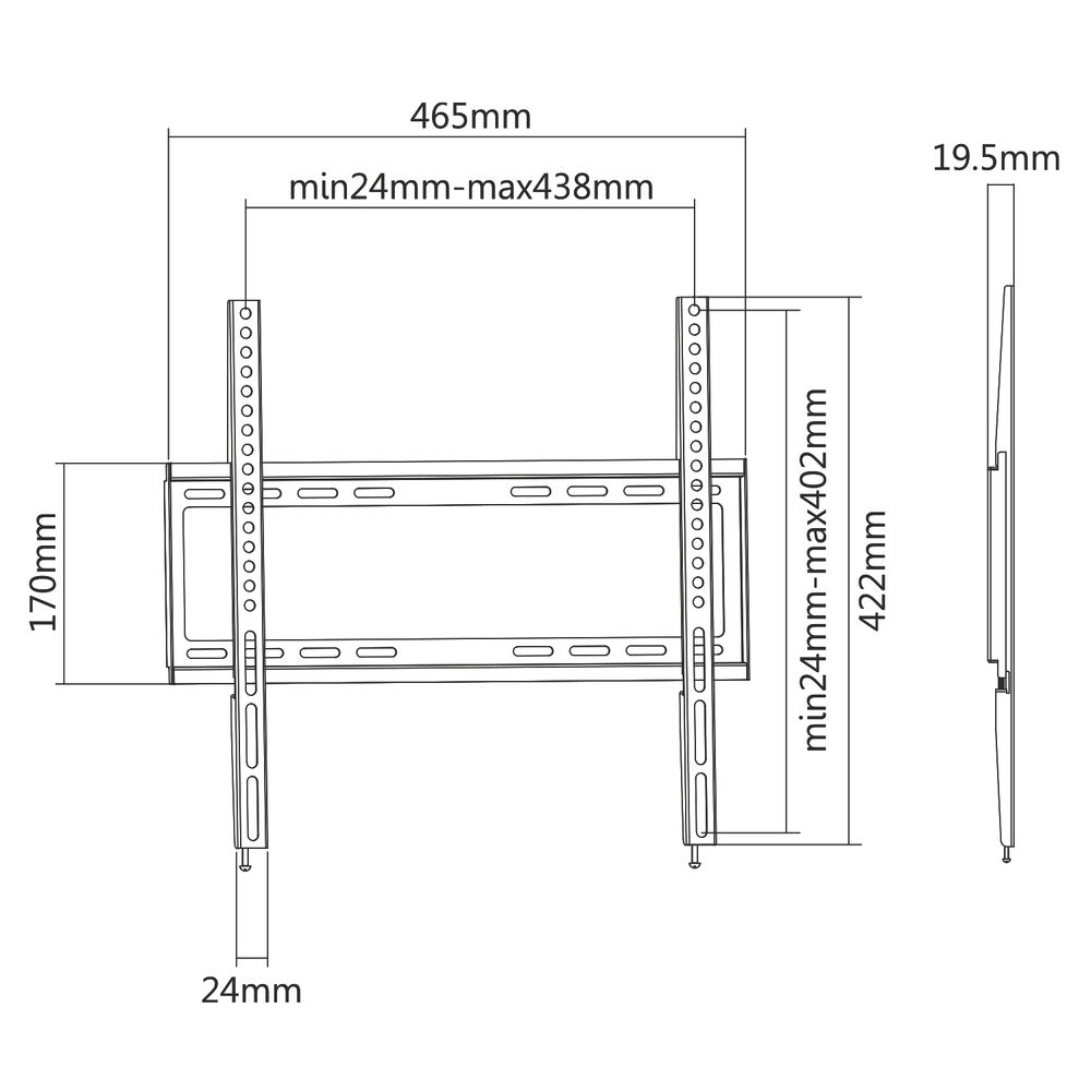 Diagram of a TV mount with dimensions: 465mm, 170mm, 24mm, 19.5mm, min24-max438mm, min24-max402mm, and 422mm.