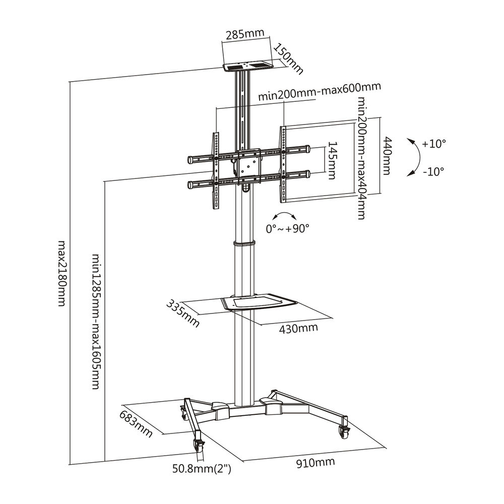 Diagramm eines schwarzen TV-Ständers mit Maßangaben in Millimetern. Er hat Räder, ein Regal und eine einstellbare Neigung.