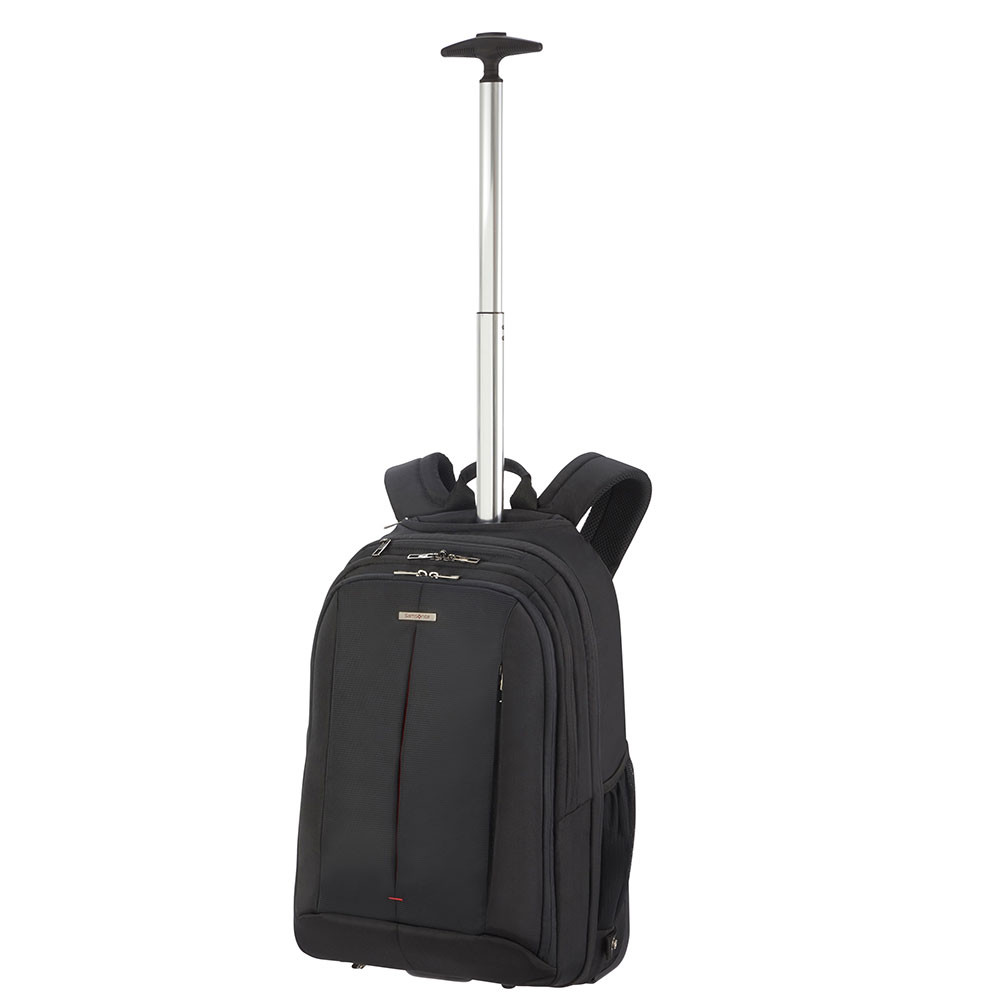 Ein schwarzer Rucksack mit ausziehbarem Griff. Der Rucksack hat Schultergurte und eine Vordertasche. Der Griff ist silberfarben.