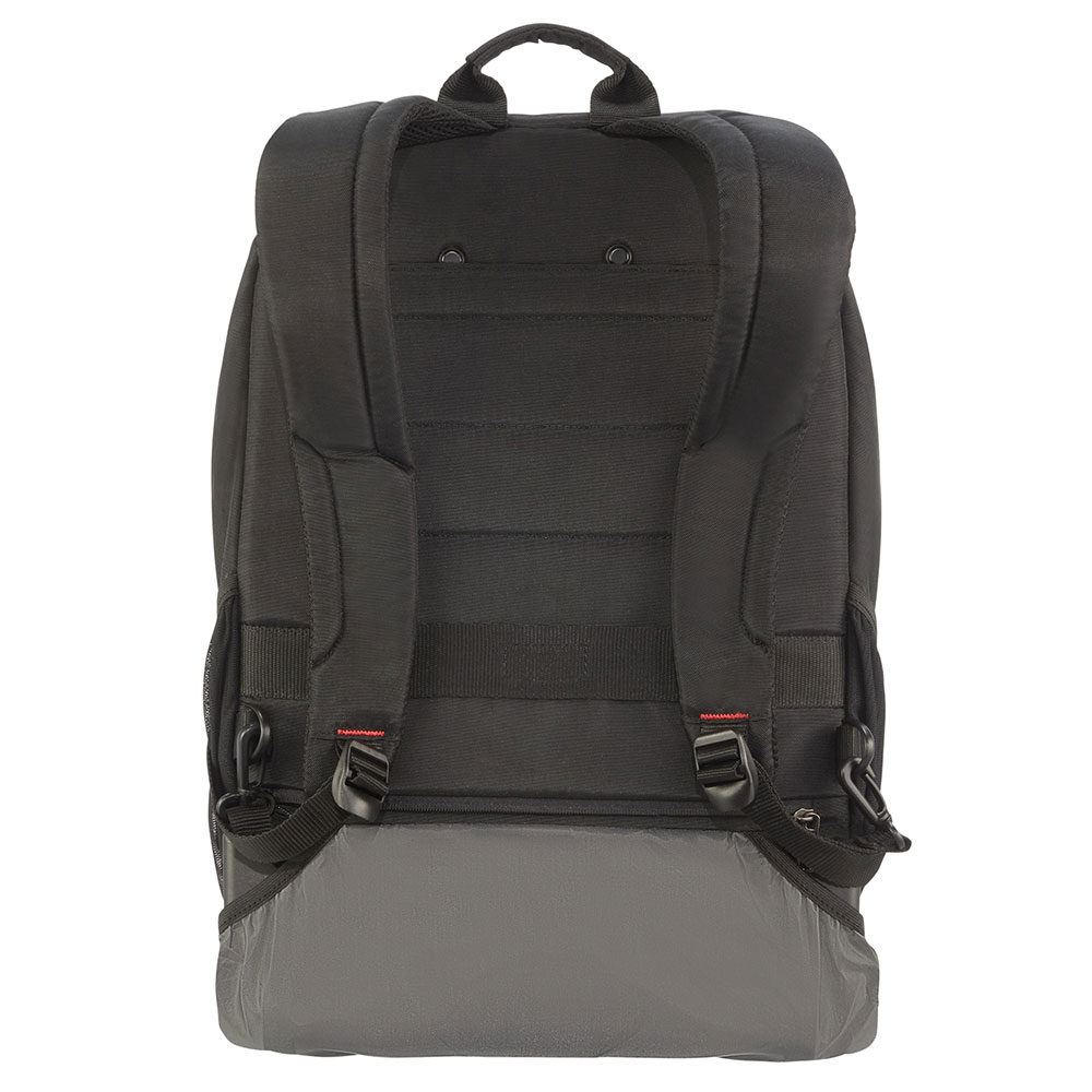 Ein schwarzer Rucksack, von hinten gesehen, mit grauem Boden. Merkmale Schultergurte, ein oberer Griff und verschiedene Schnallen. Der Hintergrund ist weiß.