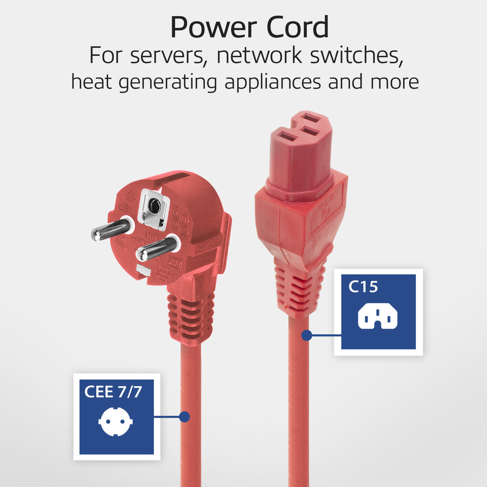 Rote Netzkabel mit CEE 7/7- und C15-Anschlüssen. Text lautet 'Power Cord' und 'Für Server, Netzwerk-Switches, wärmeerzeugende Geräte'.