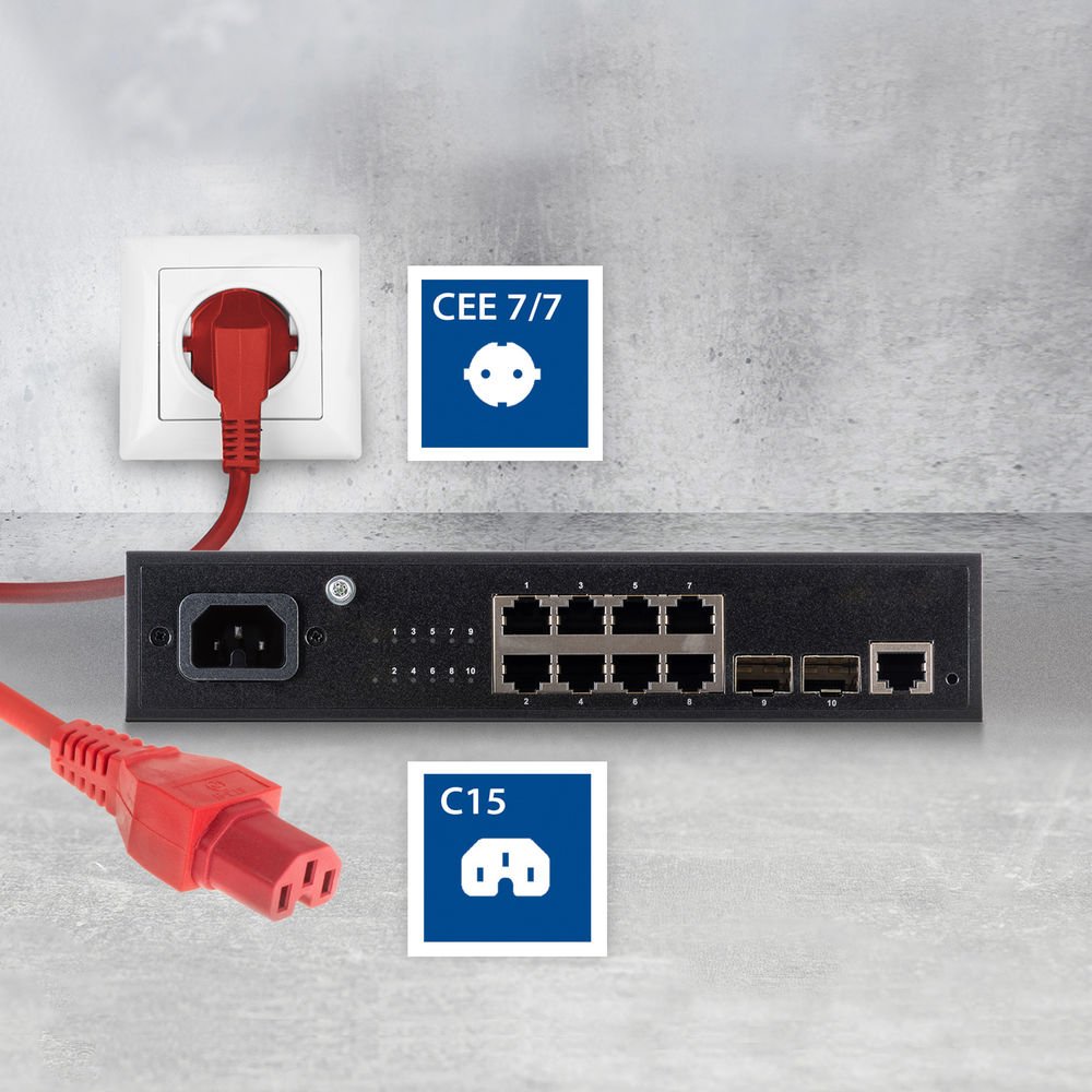 Ein rotes Netzkabel ist in eine Steckdose gesteckt. Ein Netzwerkgerät befindet sich in der Mitte. Symbole CEE 7/7 und C15 sind ebenfalls sichtbar.