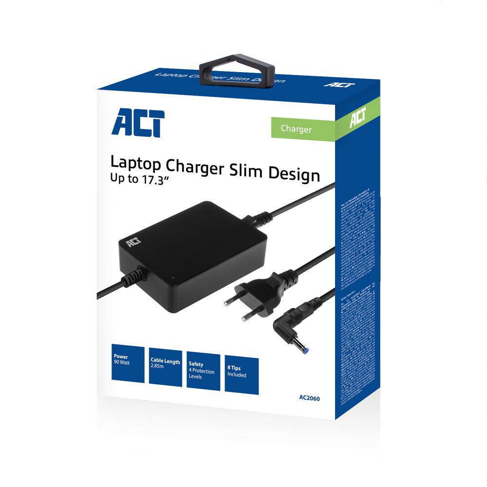 A laptop charger box with a black charger, cables, and product details, including the brand name and specifications.