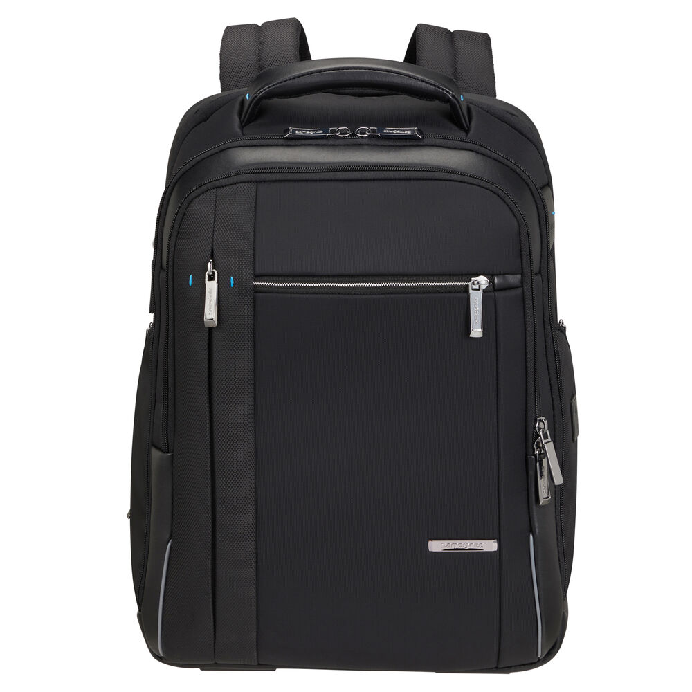 Uno zaino Samsonite nero. Presenta multiple cerniere, un manico e spallacci. Il logo Samsonite è visibile.