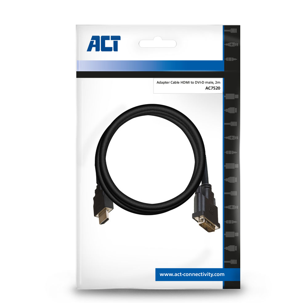 Ein schwarzes HDMI-zu-DVI-D-Adapterkabel in seiner Verpackung. Die Verpackung ist weiß mit blauen Akzenten und dem ACT-Logo.