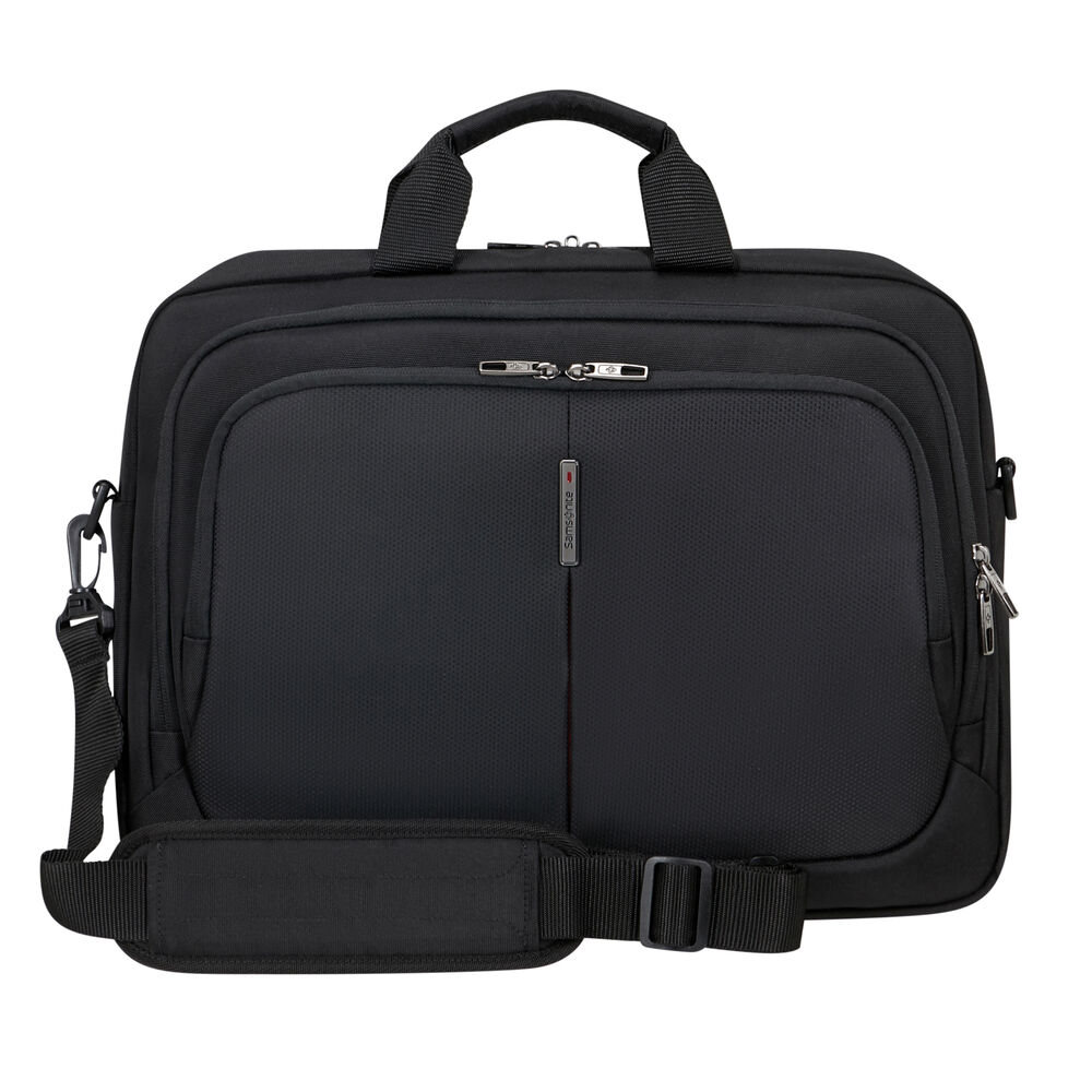 Eine schwarze Samsonite-Aktentasche mit Griff, Schultergurt und mehreren Fächern. Sie hat eine strukturierte Front.