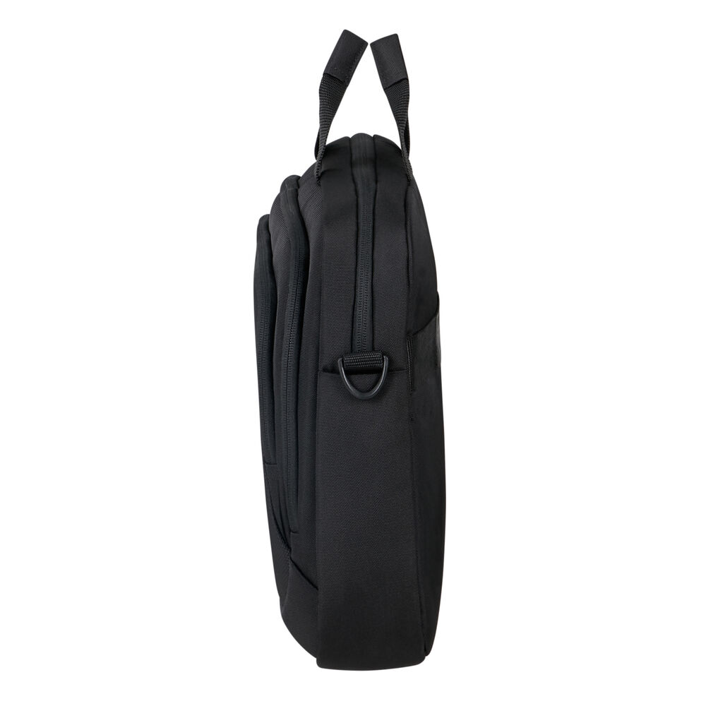 Seitenansicht einer schwarzen Laptoptasche mit Griff und Reißverschluss. Sie hat einen Schulterriemenanschluss und befindet sich auf weißem Hintergrund.