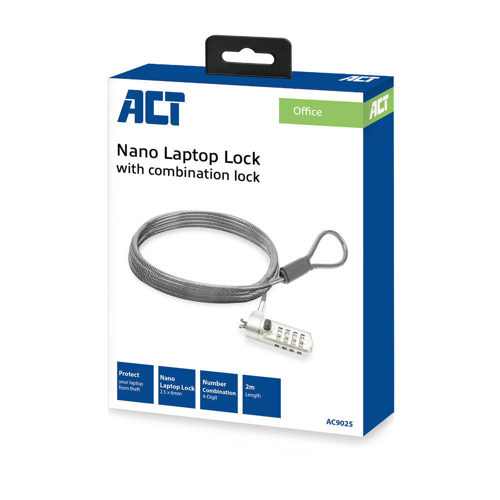 Een doos met een laptopslot. Het slot is zilverkleurig met een combinatieslot. De doos heeft het ACT-logo en zegt 'Nano Laptop Lock'.