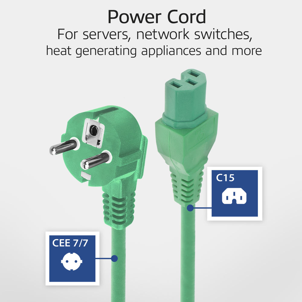 Ein grünes Netzkabel mit zwei Enden: ein Stecker und ein C15-Anschluss. Etiketten zeigen CEE 7/7 und C15 Symbole.