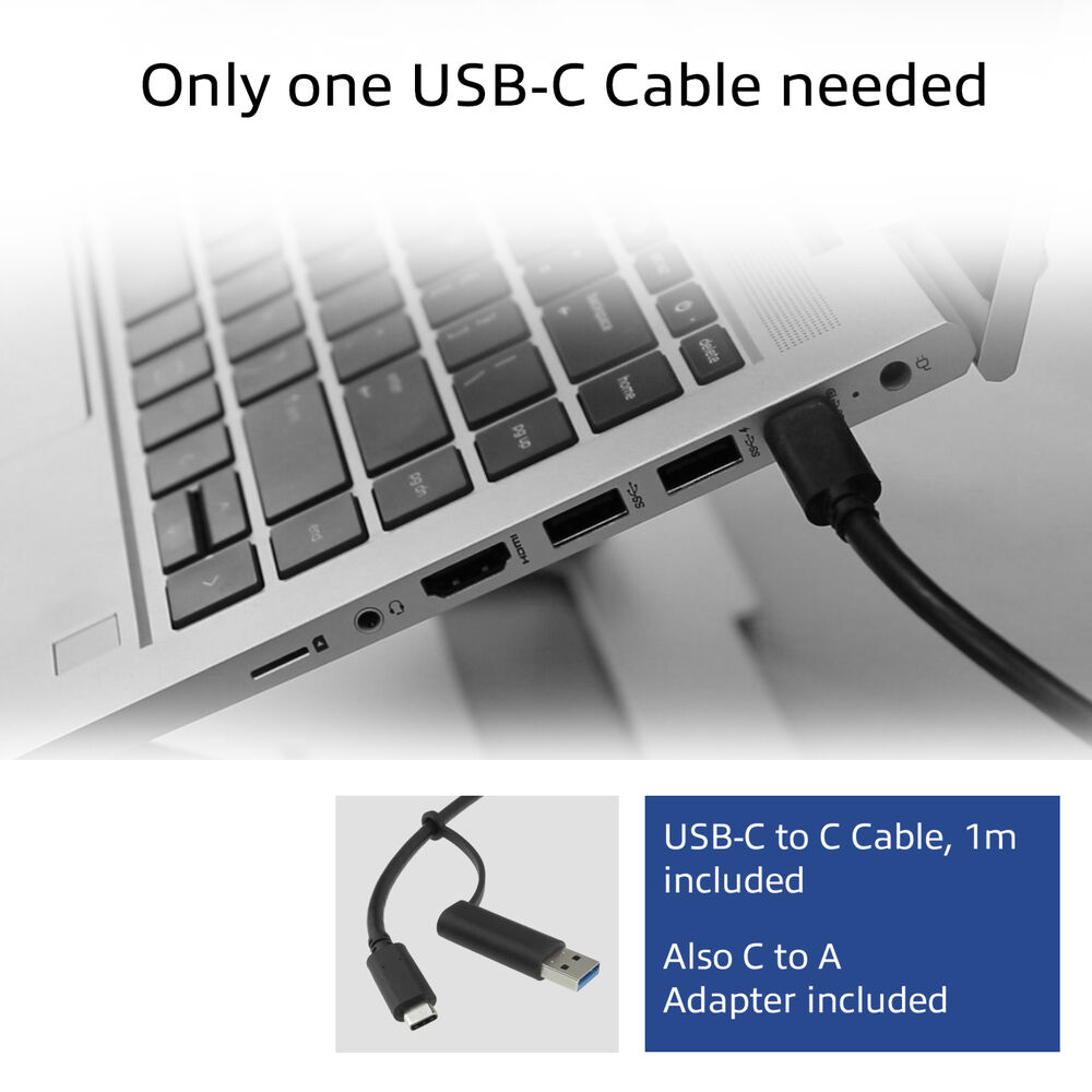 Ordenador portátil con un cable USB-C conectado. El texto dice 'Solo un cable USB-C necesario'. Incluye un cable C a C y un adaptador C a A.