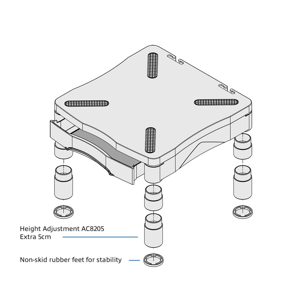 Isometric view of a height-adjustable stand. It has a rectangular top with four legs, each with adjustable height sections.
