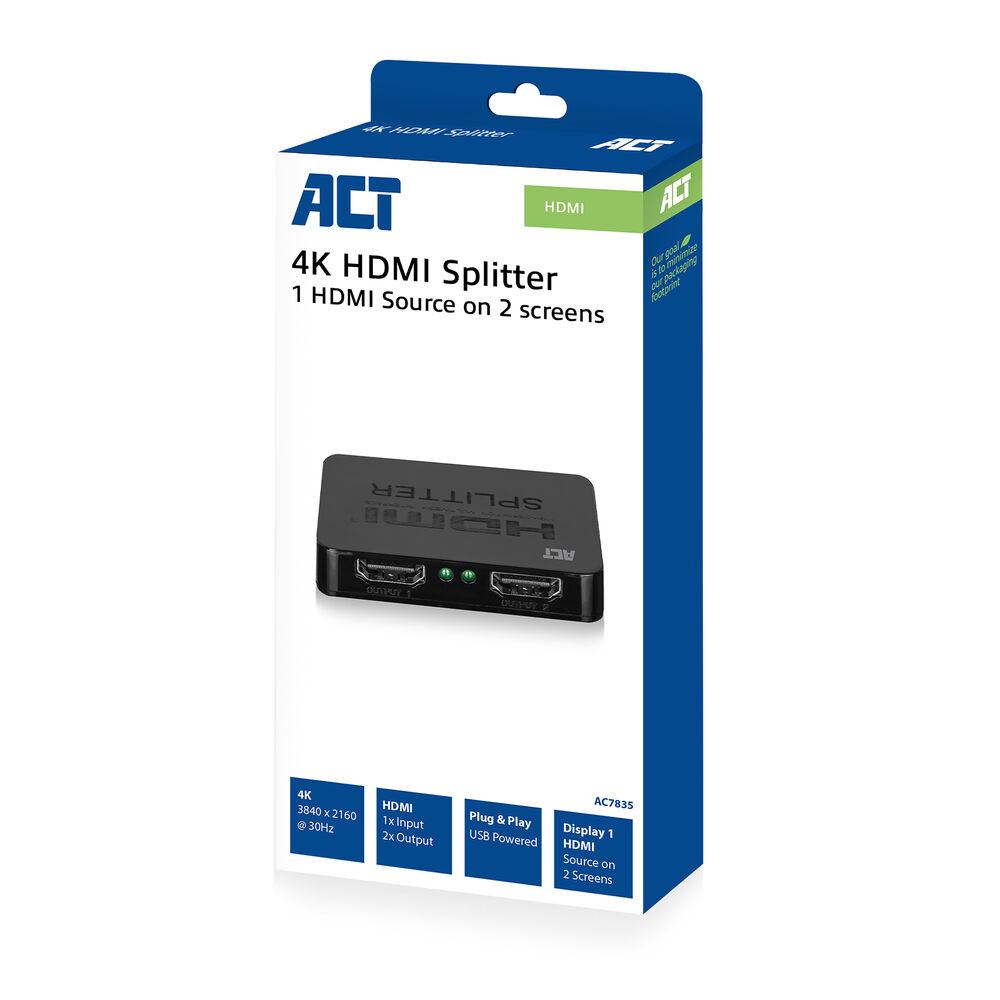 Eine Schachtel für einen 4K-HDMI-Splitter. Die Schachtel zeigt das Produkt, einen schwarzen HDMI-Splitter. Text enthält Spezifikationen und das ACT-Logo.