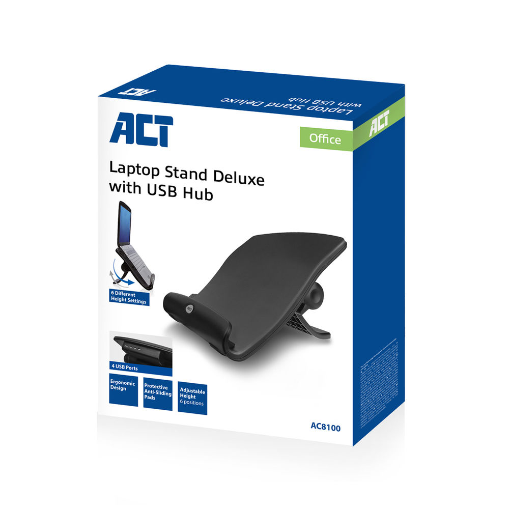 Eine Laptop-Ständer-Box mit einem schwarzen Ständer und einer Laptop-Illustration. Der Text enthält 'Laptop Stand Deluxe with USB Hub'.