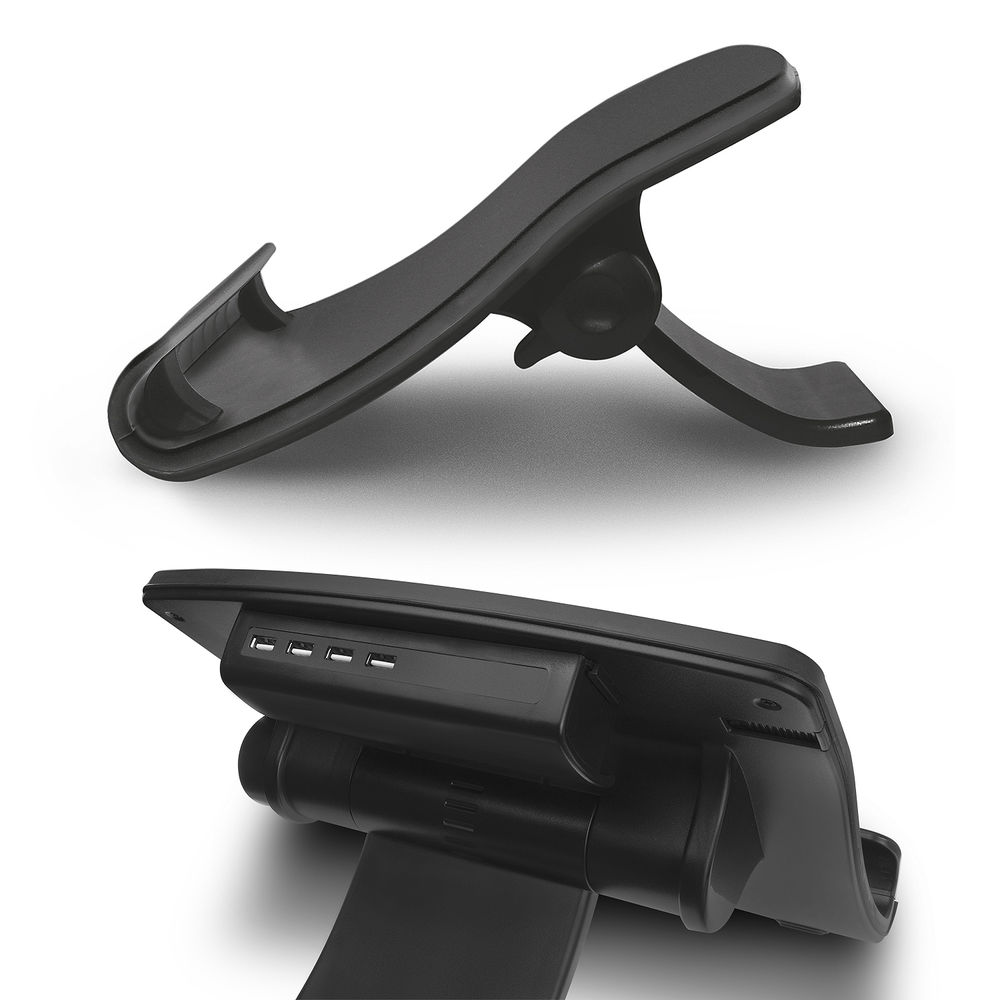Zwei schwarze elektronische Geräte werden gezeigt. Das obere ist ein Ständer. Das untere hat USB-Anschlüsse.
