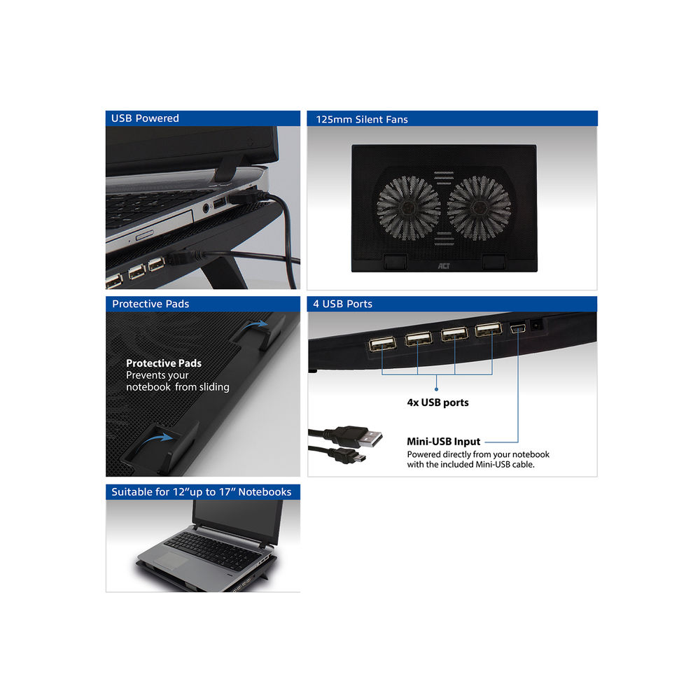 Ein Laptop-Kühler mit Lüftern, USB-Anschlüssen und einem Mini-USB-Eingang. Zu den Merkmalen gehören Schutzpolster und er ist für 12" bis 17" Notebooks geeignet.