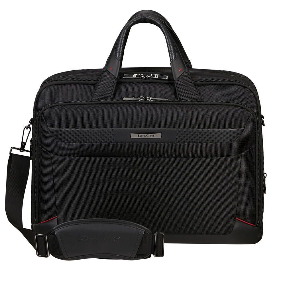 Una valigetta Samsonite nera con manico, tracolla e manico imbottito. La borsa ha il marchio sul davanti.