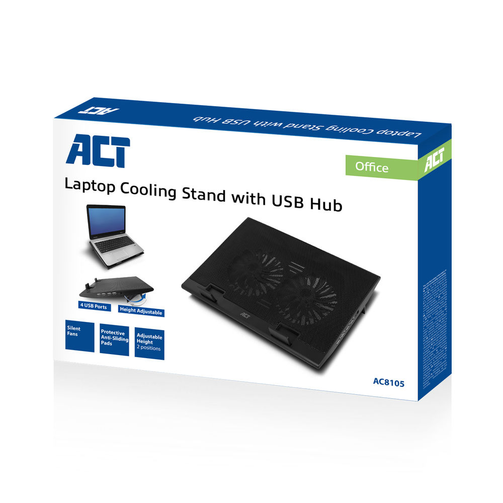 Karton zeigt Laptop-Kühlständer mit USB-Hub. Schwarzer Ständer mit zwei Lüftern, Laptop-Bild und Funktionen wie USB-Anschlüssen.