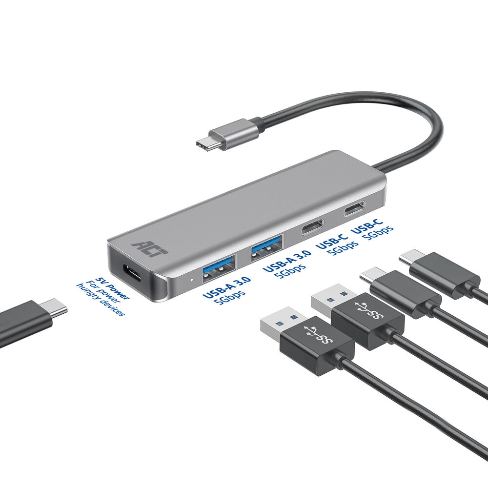 Un hub USB argentato con più porte e cavi collegati. Sono visibili porte USB-A e USB-C, insieme al logo 'ACT'.
