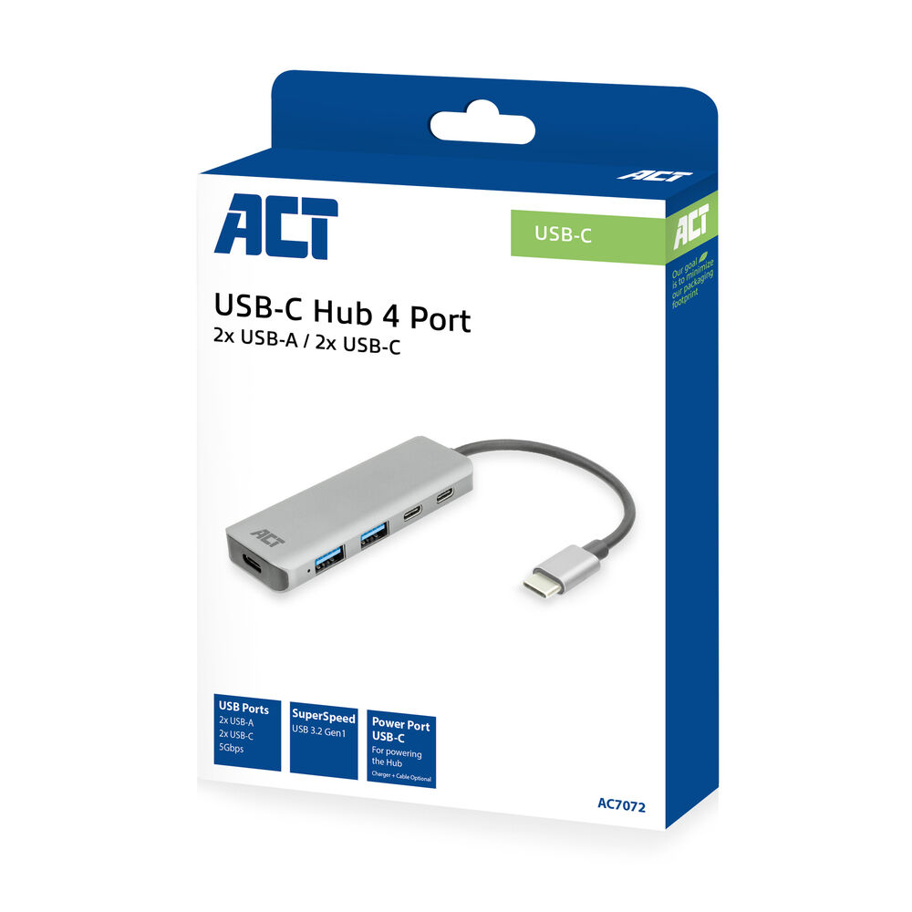Una scatola del prodotto mostra un hub USB-C. È grigio, ha più porte ed è etichettato 'ACT USB-C Hub 4 Port'.