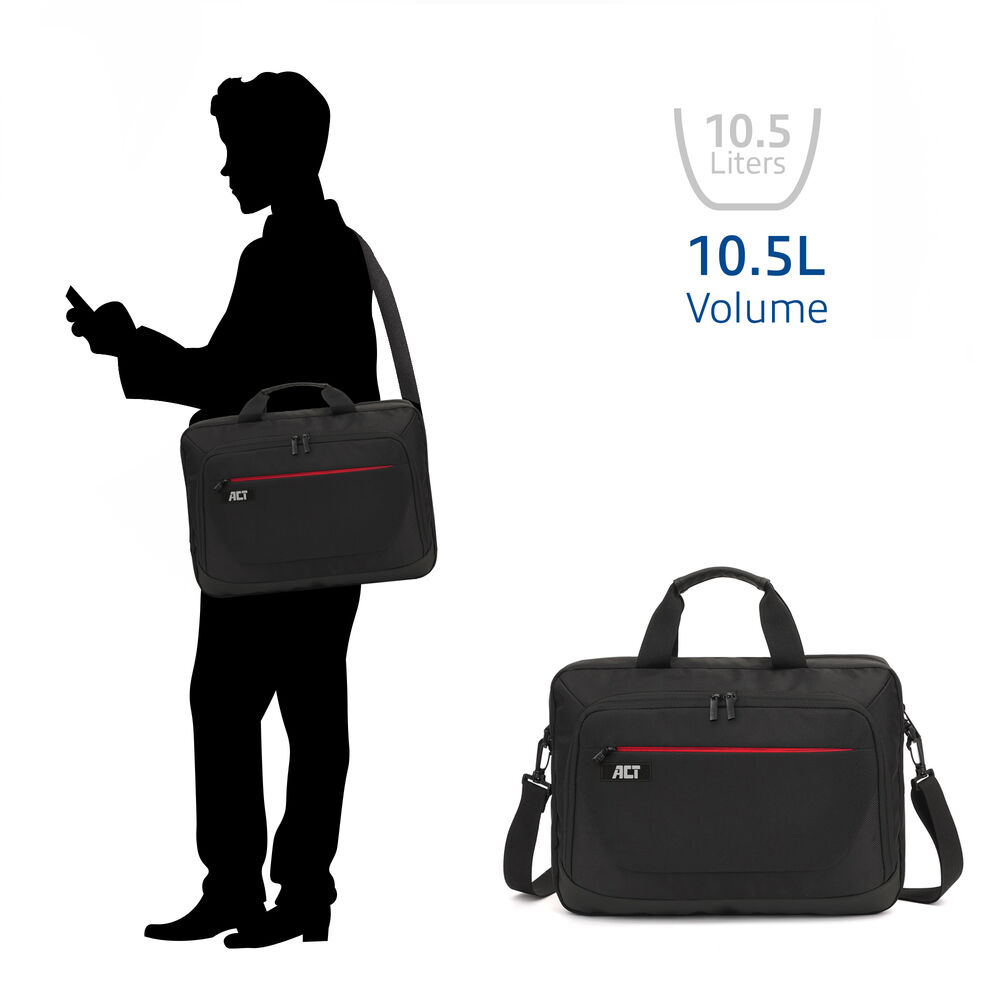 Silhouette di una persona con una borsa. La borsa è nera con una striscia rossa. Un'altra borsa è a destra. Il testo dice '10.5L Volume'.