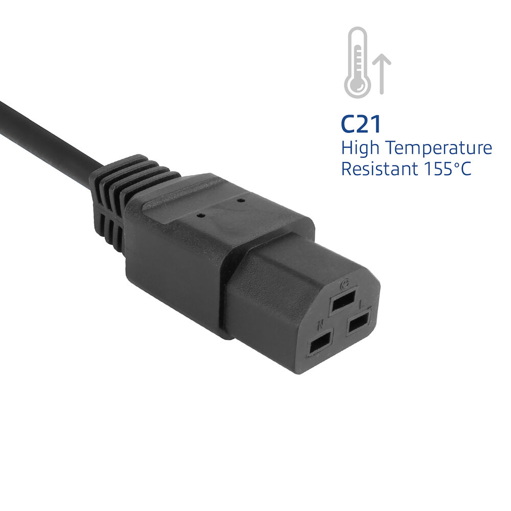 Ein schwarzer C21-Stromanschluss mit Kabel, temperaturbeständig bis 155 °C, auf weißem Hintergrund.