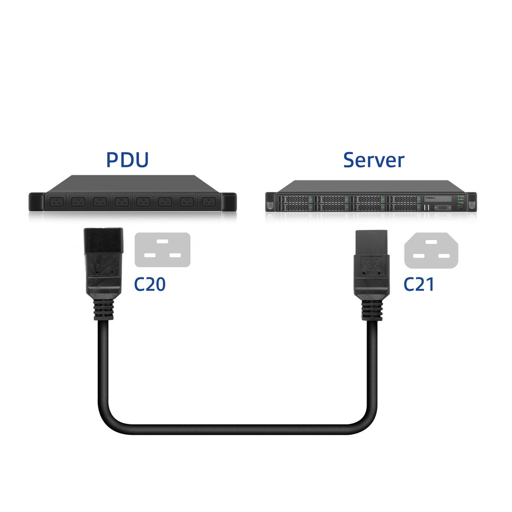 Ein PDU und ein Server sind über ein Stromkabel verbunden. Die Bezeichnungen C20 und C21 identifizieren Anschlüsse. Der Hintergrund ist weiß.
