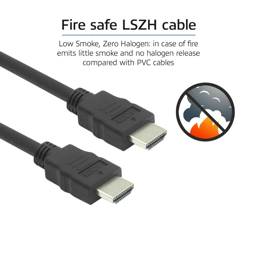 Zwei schwarze HDMI-Kabel mit silbernen Steckern. Text: 'Feuersicheres LSZH-Kabel'. Im Hintergrund ein Rauchverbotssymbol.