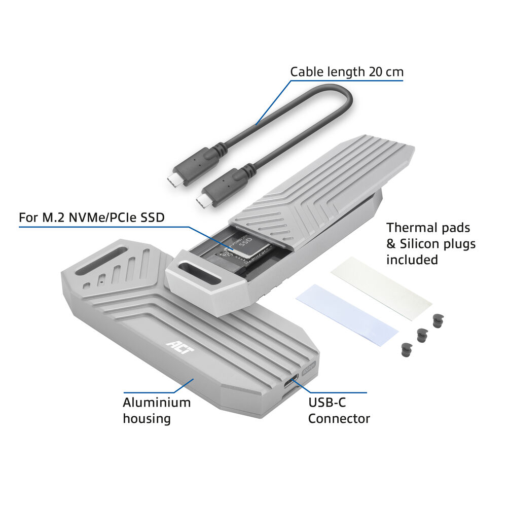 Geöffnete silberne Aluminium-SSD-Hülle mit schwarzem Kabel, Wärmeleitpads und Silikonstopfen. Etiketten zeigen Komponenten an.