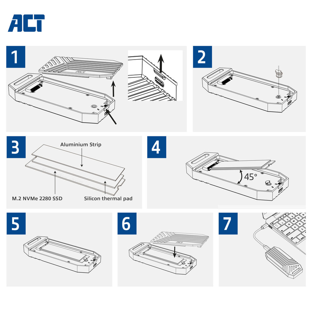 Diagramm zum Zusammenbau eines externen Festplattengehäuses. Schritte umfassen Öffnen, Einsetzen von Komponenten und Anschließen an einen Laptop.
