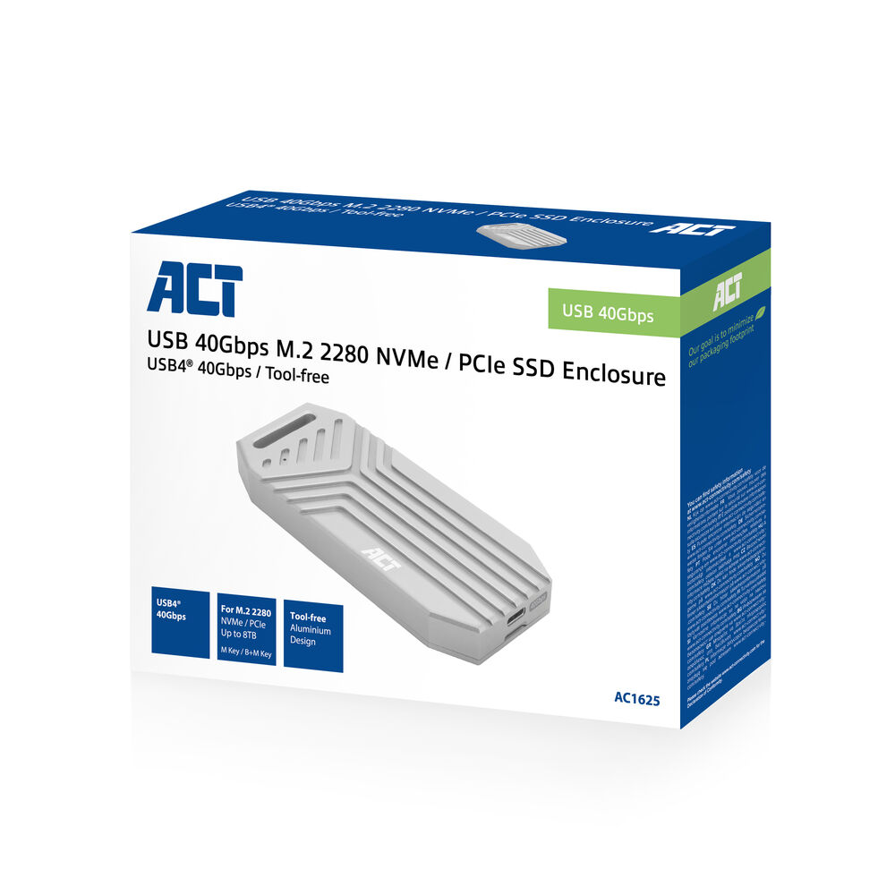 Eine weiß-blaue ACT-Box. Sie zeigt ein M.2 2280 NVMe/PCIe SSD-Gehäuse, USB 40 Gbit/s und ein werkzeugfreies Aluminiumdesign.