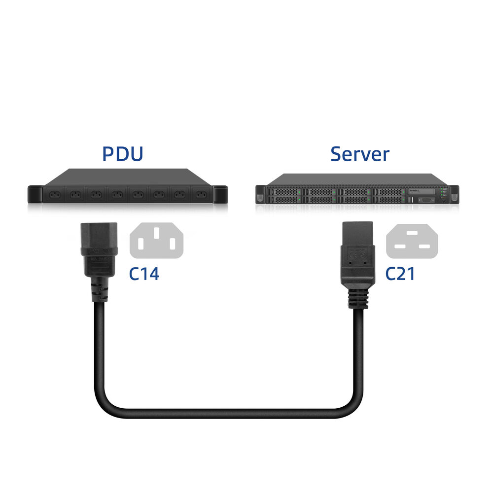 Diagramm von PDU und Server mit Stromkabeln. PDU links, Server rechts. Kabel mit C14- und C21-Anschlüssen.