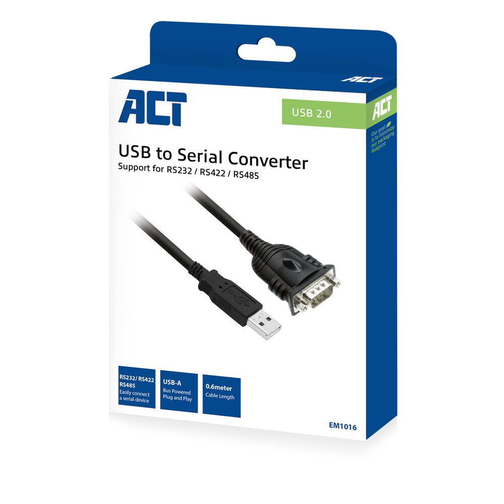 Produktverpackung mit einem USB-zu-Seriell-Konverter. Das Kabel ist schwarz. Die Box ist blau und weiß mit dem ACT-Logo.