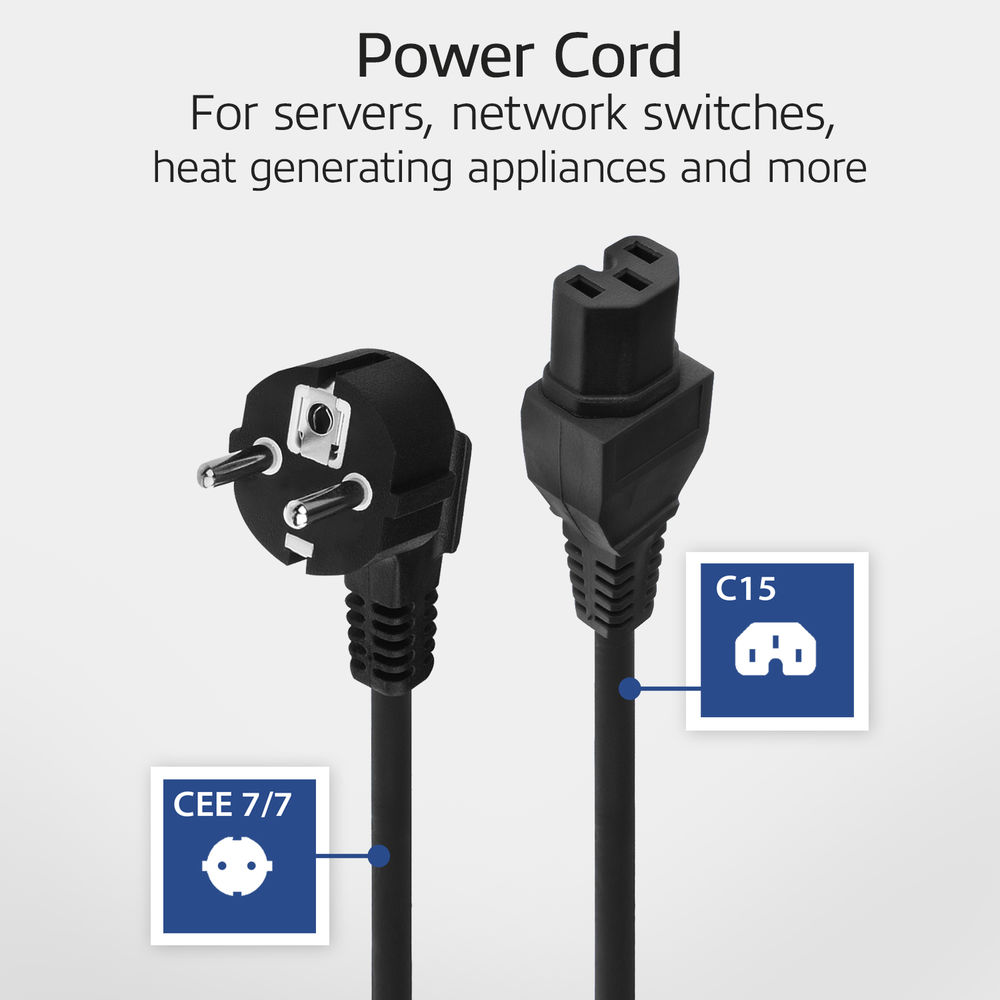 Das Bild zeigt ein schwarzes Netzkabel mit zwei verschiedenen Steckern. Text sagt 'Power Cord' und 'CEE 7/7' und 'C15' Etiketten auf dem Bild.