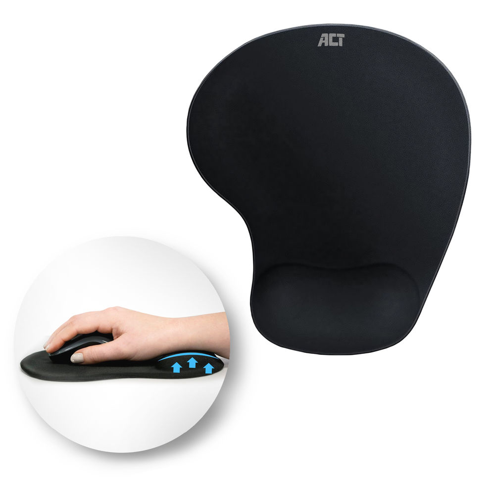 Schwarzes ergonomisches Mauspad mit Handgelenkauflage, ACT-Logo. Eine Hand, die eine Maus auf dem Pad benutzt, wird in einem weißen Kreis gezeigt.