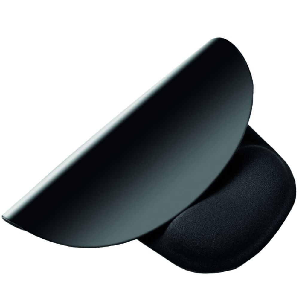 Schwarzes ergonomisches Mauspads mit gebogener Handgelenkauflage. Das Pad befindet sich auf weißem Hintergrund und ist glatt und glänzend.
