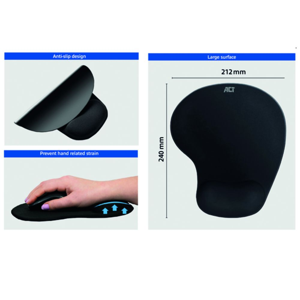 Das Bild zeigt ein ergonomisches schwarzes Mauspads mit Handgelenkauflage. Es hat eine große Oberfläche und ein Anti-Rutsch-Design.