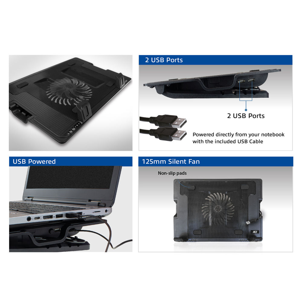 Ein Laptop-Kühlpad mit Lüfter, USB-Anschlüssen und einem angeschlossenen Laptop. Inklusive USB-Kabel. Text erwähnt 'USB Powered' und 'Silent Fan'.