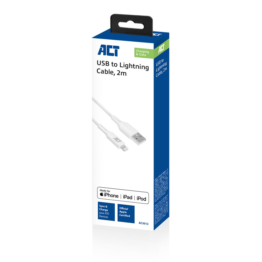 Ein weißes USB-auf-Lightning-Kabel in der Verpackung. Die Box ist weiß und blau mit Branding. Das Kabel ist für iPhones, iPads und iPods.
