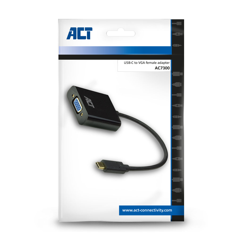 Schwarzer USB-C-auf-VGA-Adapter auf der Verpackung. Der Adapter hat einen VGA-Anschluss und einen USB-C-Anschluss. Die Marke ist ACT.