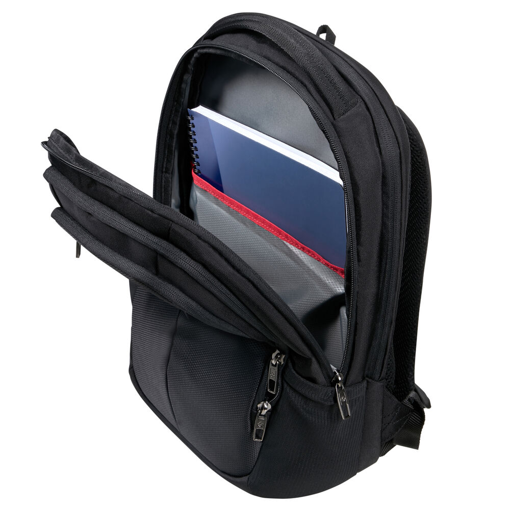 Schwarzer Rucksack mit offenen Fächern. Im Inneren befinden sich Notizbücher und Ordner. Reißverschlüsse sind vorne sichtbar.
