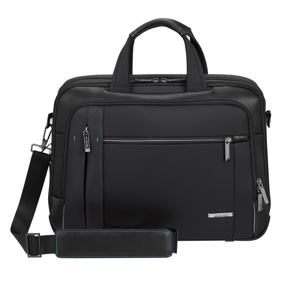 Una valigetta Samsonite nera con manico e tracolla. Ha più scomparti e cerniere argentate.