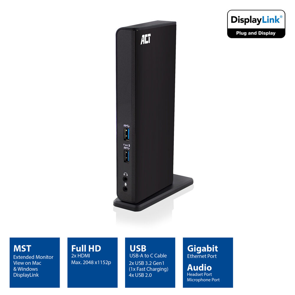Una docking station ACT nera. Include porte HDMI, USB, Gigabit Ethernet e audio. Vengono visualizzati DisplayLink e informazioni sul prodotto.