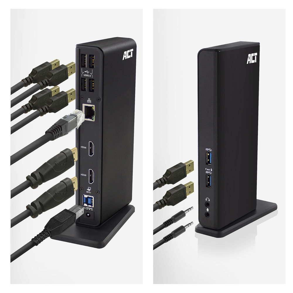 Due docking station ACT nere con varie porte e cavi collegati, tra cui USB, HDMI ed Ethernet.