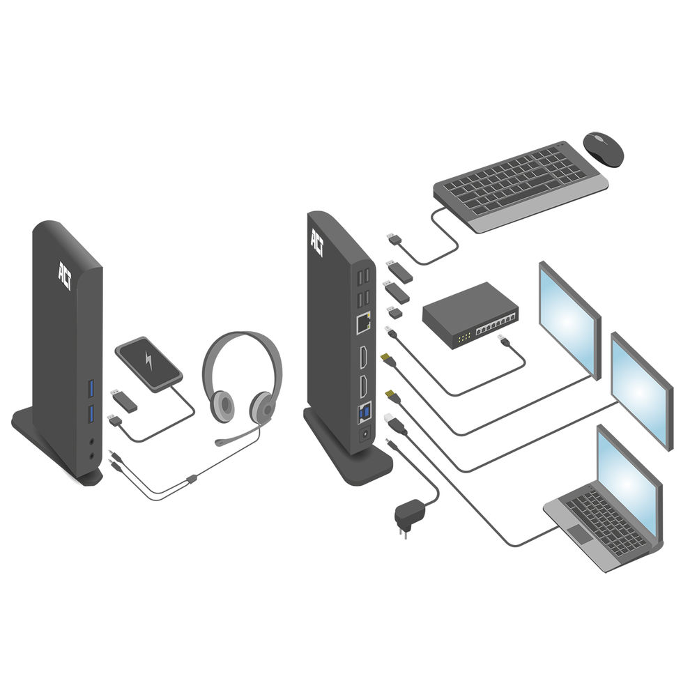 Vista isometrica di dispositivi tecnologici: docking station, laptop, monitor, tastiera, mouse, telefono, cuffie e switch di rete, tutti collegati.